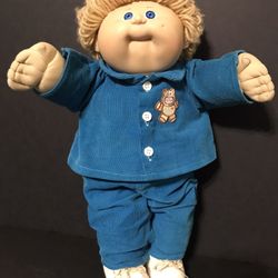 Vintage 1983 Cabbage Patch Kid Doll Xavier Roberts W/ Blue Bear Outfit & Shoes