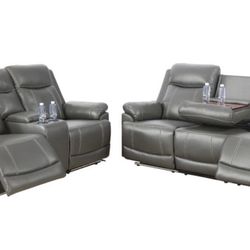 Grey Leather Power Reclining Three Piece Couch Set 