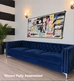 Deep Blue Velvet Tufted Sofa Couch w/ Silver Trim