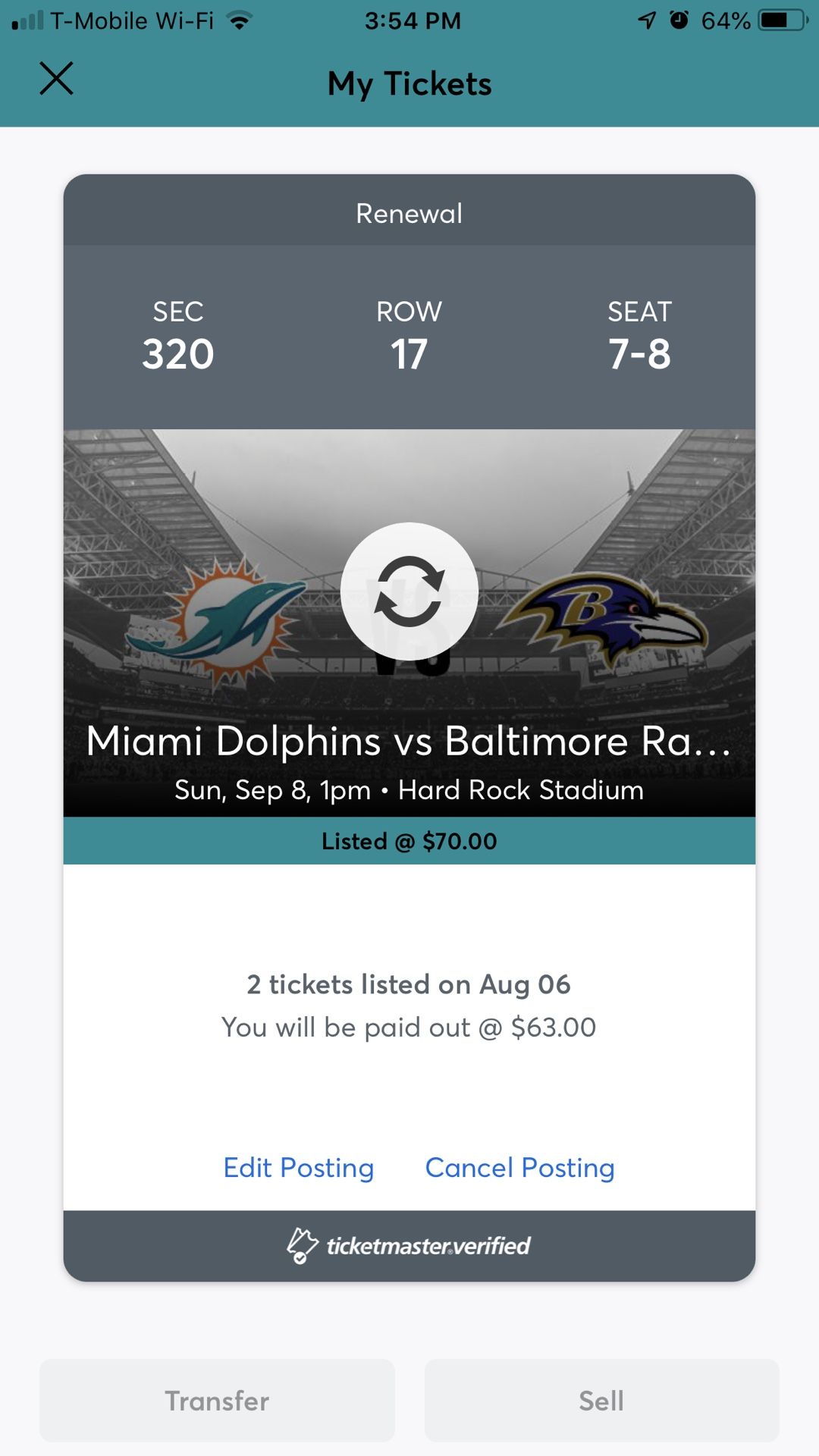 Two tickets for season opener at Hard Rock Stadium . Miami Dolphins vs Balt Ravens