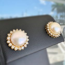 18k solid yellow gold 1CTW Natural Diamond 7CTW Pearl flower stud earrings
