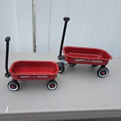 2 vintage doll sized red radio flyer wagons