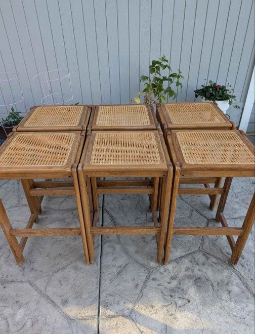 Vintage Mid Century Modern MCM Boho Oak Rattan Cane Bar Stools Set of 6