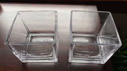 Pair of Heavy Clear Glass Square Cube Vases 5”x5”