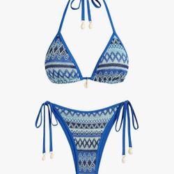 Women's Colorblock Stripes Triangle Halter Tied Cheeky Thong Bikini Set High Cut Two Piece Bathing Suit, Medium 