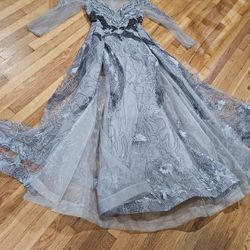 Long Sleeve Gown Dress Beaded Silver 