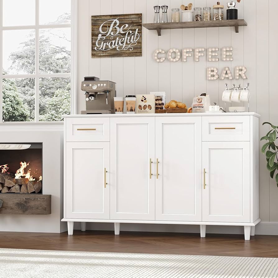55" Modern Sideboard Buffet Cabinet with Storage, Large Kitchen Buffet Storage Cabinet with Drawers and Shelves, Wood Coffee Bar with Gold Handles for