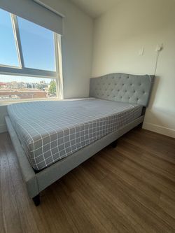 Gray Upholstered Bed Frame with Queen Memory Foam Mattress