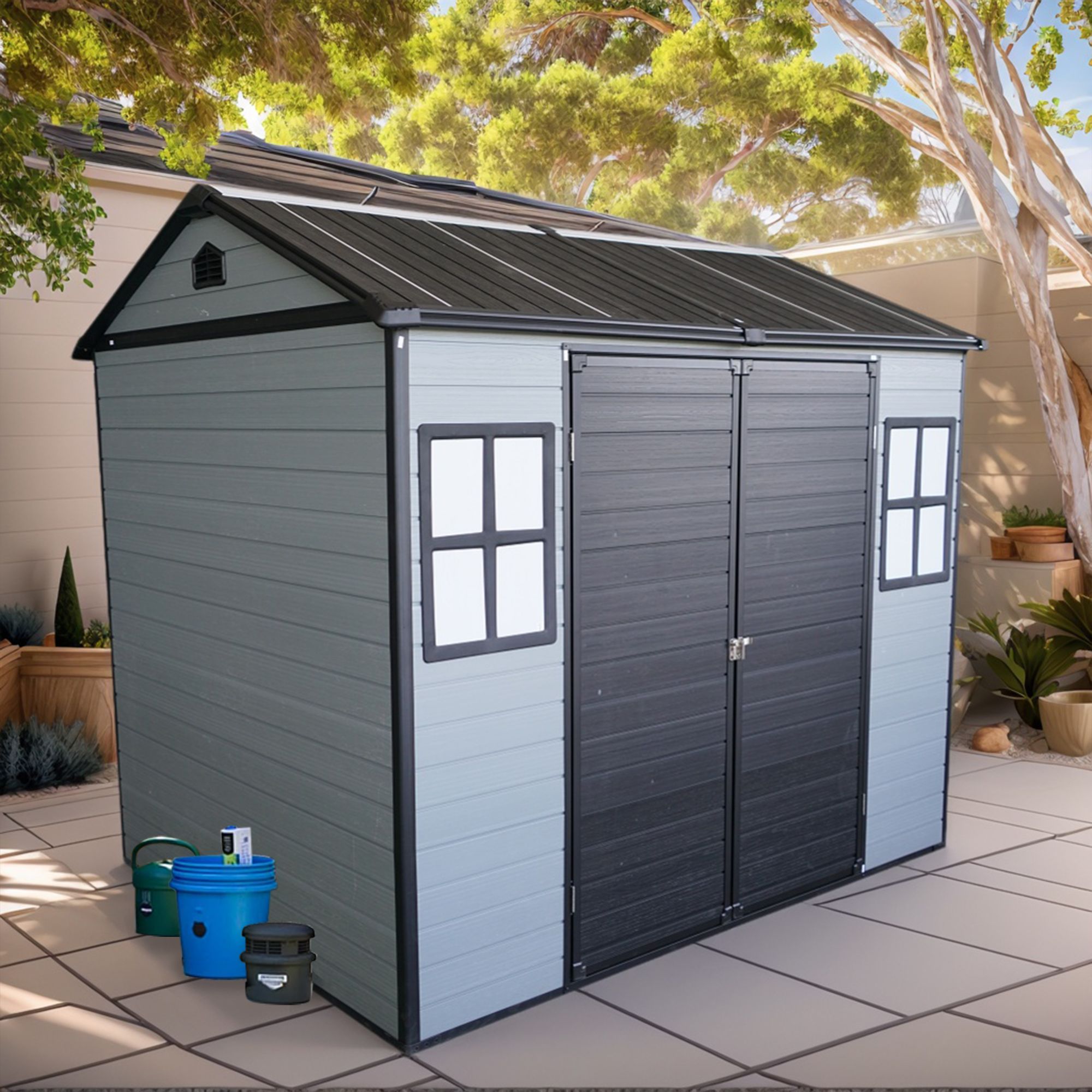 Upgraded 8x6ft Outdoor Resin Garden Shed with Floor and 2 Windows, Plastic Patio Outdoor Storage Shed with Lockable Door for Garden Tools, Bicycles, T