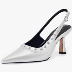 New In Box!!  Womens Slingback (Size 6.5) Silver Studded Slip On Leather Pumps $15 (#448) 