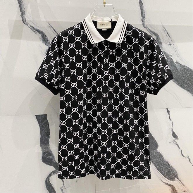 🏠GUCCI contrasting color collar full print GG small letter print logo lapel POLO shirt
