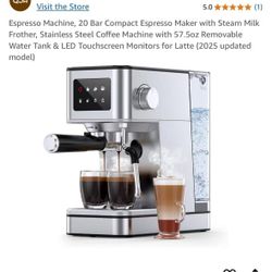 Espresso Machine, 20 Bar Compact Espresso Maker with Steam Milk Frother, Stainless Steel Coffee Machine with 57.5oz Removable Water Tank & LED Touchsc