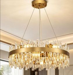 12-Light Luxury Gold Liner Crystal Chandelier, 35 in. Ceiling Hanging Light