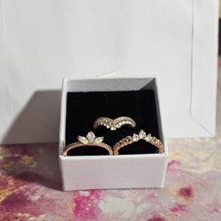 Rose Gold Cubic Zirconia Stackable Pandora Rings (3) Set