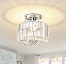 Pasentel Semi Flush Mount Modern Chandelier, 8.89" Crystal Ceiling Light Fixture, Small Close To Ceiling Light For Hallway, Bathroom, Kitchen, Entrywa