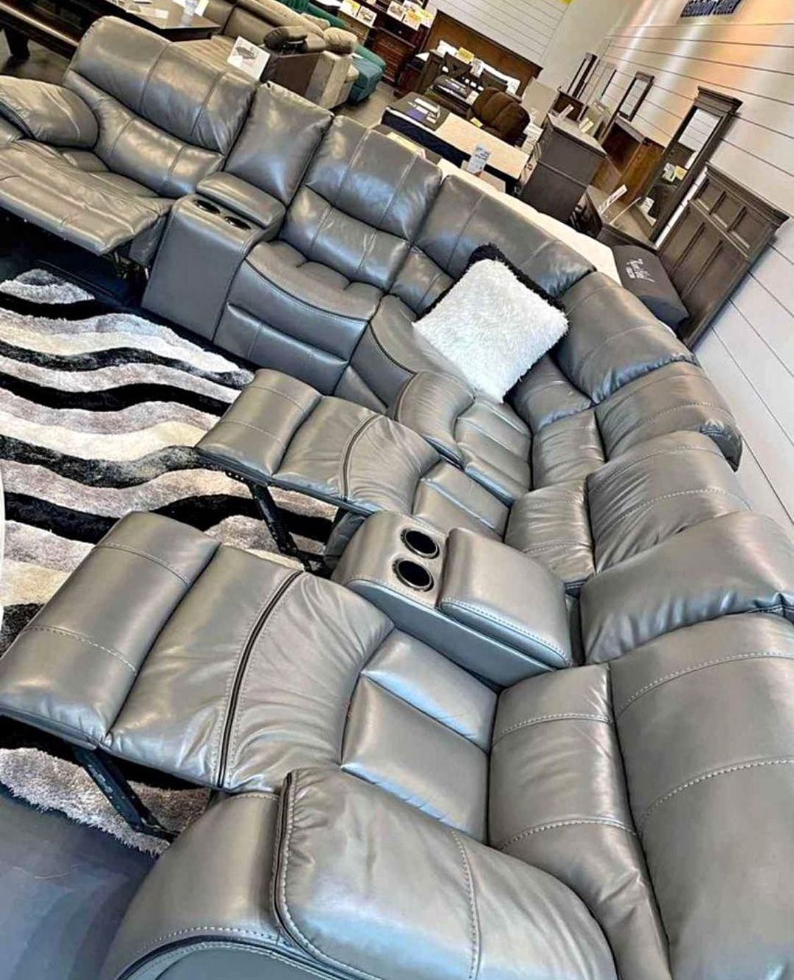 Spring Sale Event! Madrid, Gray Leather Reclining Sectional Now Only $1199. Easy Finance Option. Same Day Delivery.