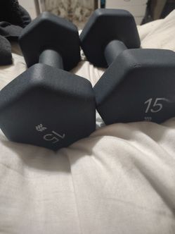 15-pound neoprene-coated hex dumbbells