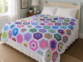 Vintage Grandmother’s Flower Garden Quilt 88x77 Hand Pieced Hexagon Patchwork