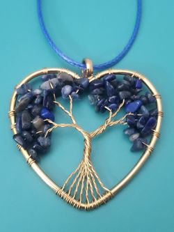 Gold Tone Metal And Blue Gem Chip Tree Of Life Heart Necklace 