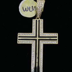 $675 Yellow Gold w Zirconia Cross Religious Charm Pendant