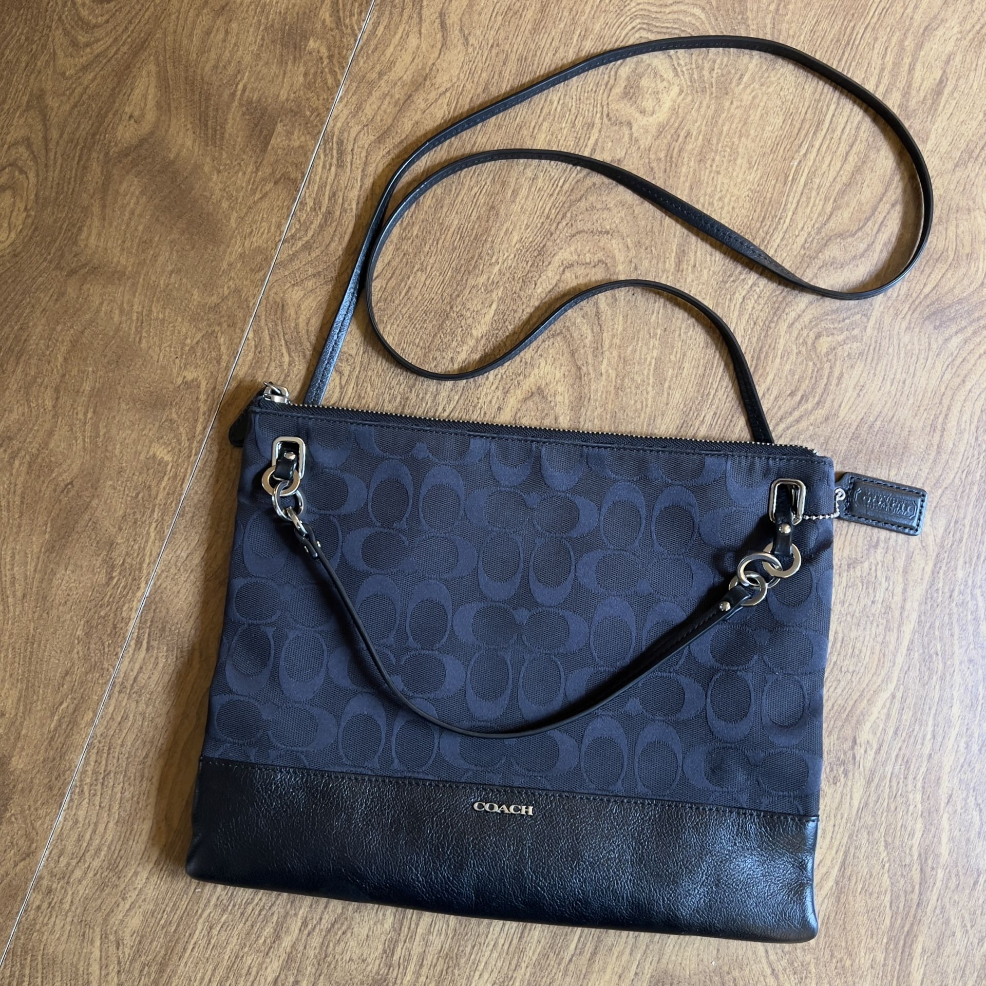 Coach Black Monogram Canvas Leather Trim Zip Closure File Shoulder Crossbody Bag
