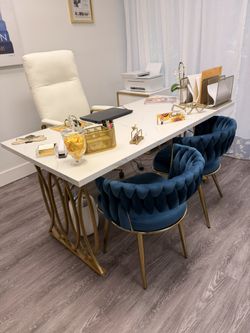 Large Office Desk With Two Blue Chairs 