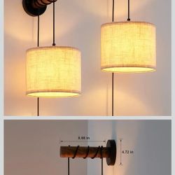 Wall Sconces Set of Two, Plug in Sconces Wall Lighting with Fabric Shade, Farmhouse Wall Lamps with Plug in Cord, Rustic Wall Lights with Wood Arm and