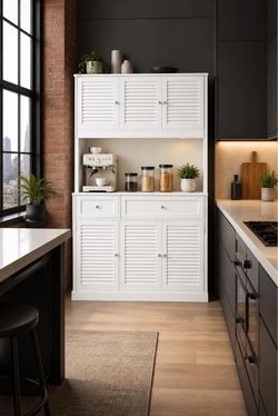 70"Tall & Freestanding Kitchen Pantry Cabinet with Adjustable Shelves & Louvered Door, White.