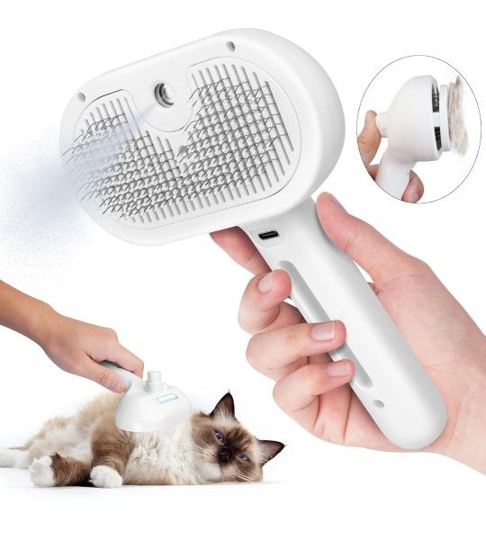 NEW 3in1 Steam Cat Brush w/Tank&Release Button, Rechargeable, Remove Loose Hair for Long+Short Hair
