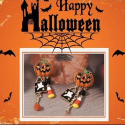 LARGE Orange enamel Pumpkin pendant dangle/drop stud earrings, rhinestones
