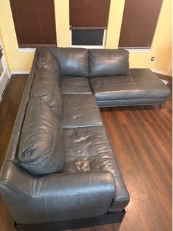 Top grain gray leather sectional couch