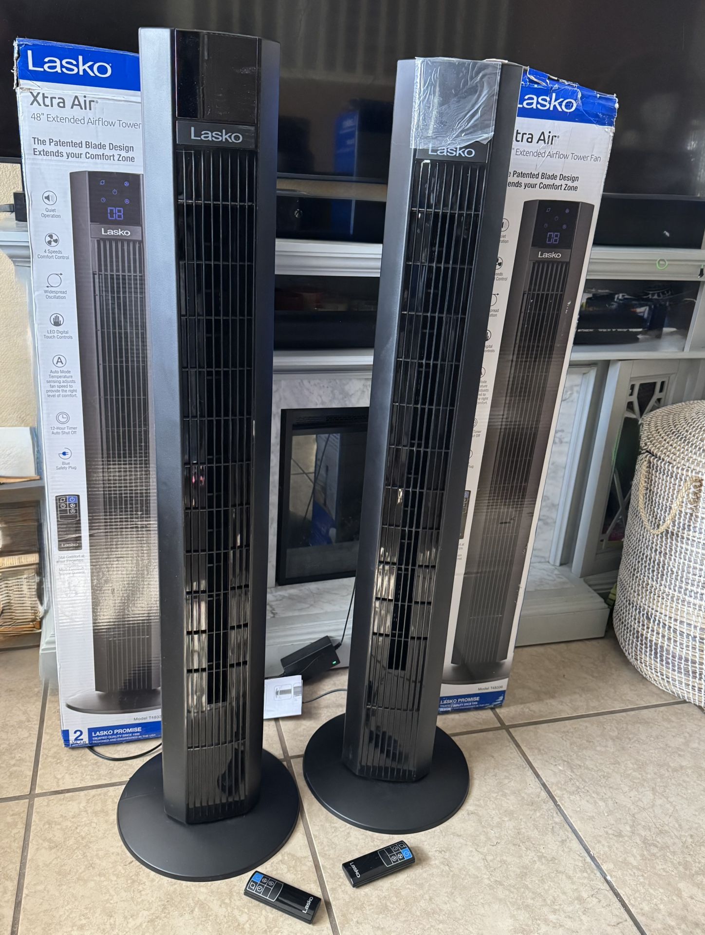 48 in. 4 Speeds Xtra Air Tower Fan in Black with Carry Handle, Oscillating, Remote Control