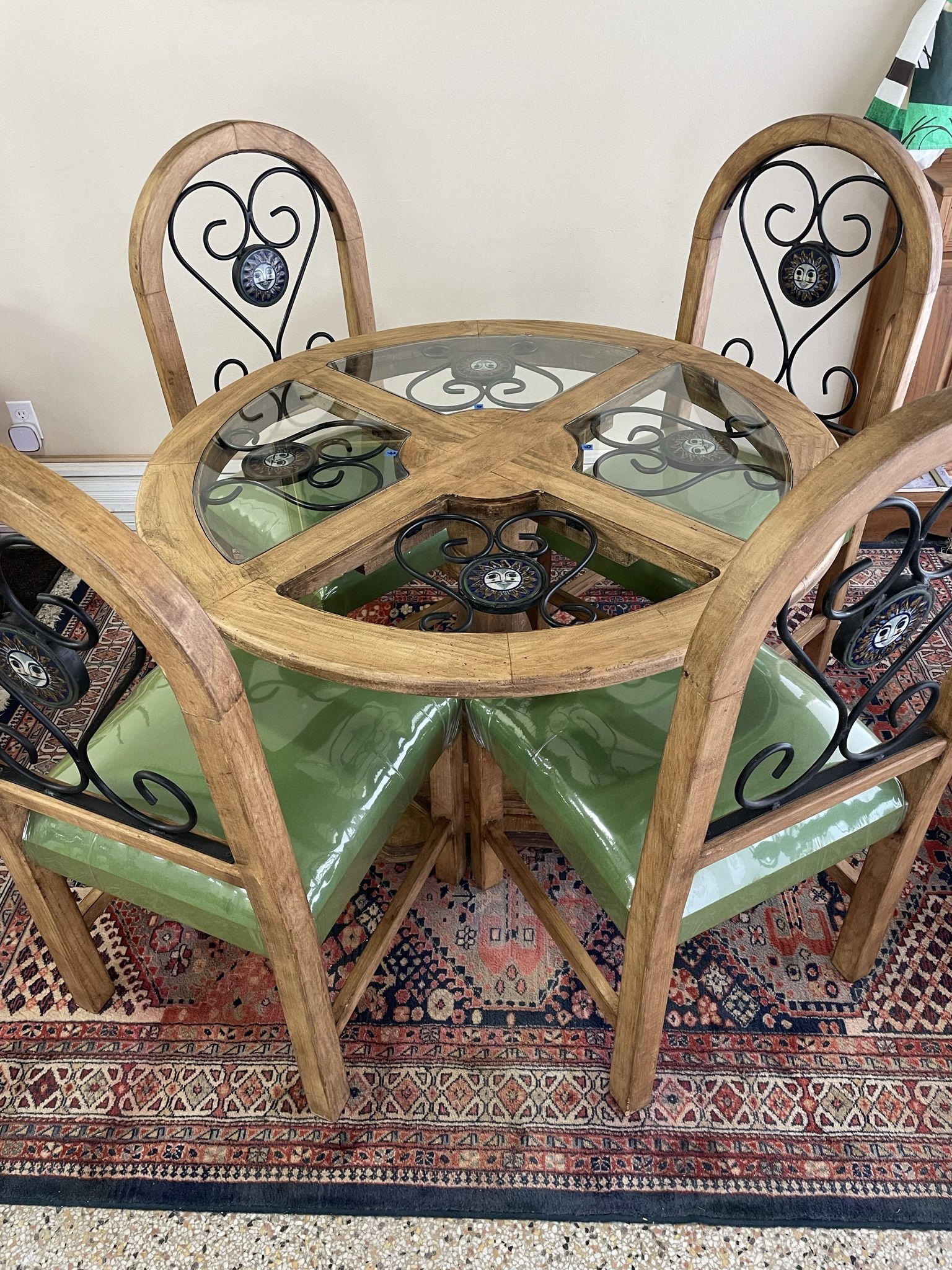 New Dining Table w/wrought Iron Sun Talavera tiles, 4 Wood Chairs Mexico Mesa de comedor 4 sillas 
