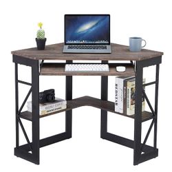 Corner Desk, 29.5 in. W Triangle Brown Computer Desk, Wooden Desk, Sturdy Steel Frame Computer Desk with Keyboard Tray