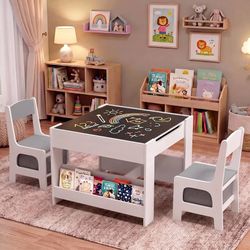 Arlopu Kids Table & 2 Chairs Set, 4 in 1 Wooden Activity Table w/Bookshelf