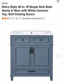 Virubi Retro Style 30 in. W Single Sink Bath Vanity in Blue with White Ceramic Top, Soft Closing Doors