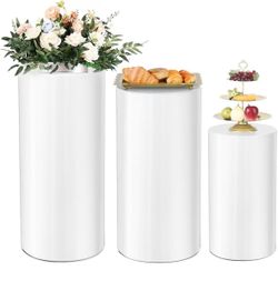 Round set of 3 Pedestal Wedding Cake Flower Display Stand, White Round Cylinder Stand for Party, Metal Cylinder Pedestal Stand for Decoration, Cake