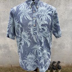 PreOwned Reyn Spooner  Blue/Green Hawaiian Print 3/4 Button Men's Medium 