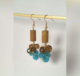 Elegant chunky cluster earrings with round tube wood jasper and high quality brown and blue glass crystal beads