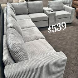 Beautiful Light Gray 4-Pc Corduroy Sectional Sofa With Cupholders