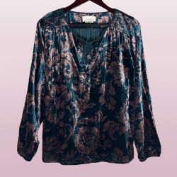 ANTHROPOLOGIE Floral Burnout Cut Velvet TIE-NECK Smocked Bishop Sleeve Blouse L