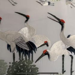 Vintage Hand Silk Chinese Embroidery Art Framed Of One Hundred Cranes