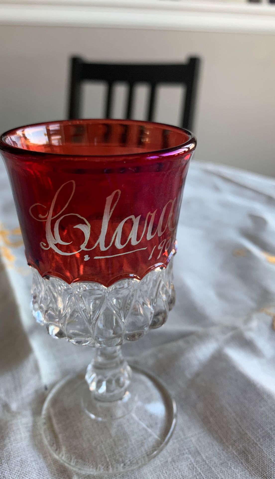 Ruby Red Etched “Clara 1902” souvenir Cordial glass