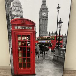 New London picture Big Ben Clock Tower, Red Bus & phone booth picture 16"H × 11"W