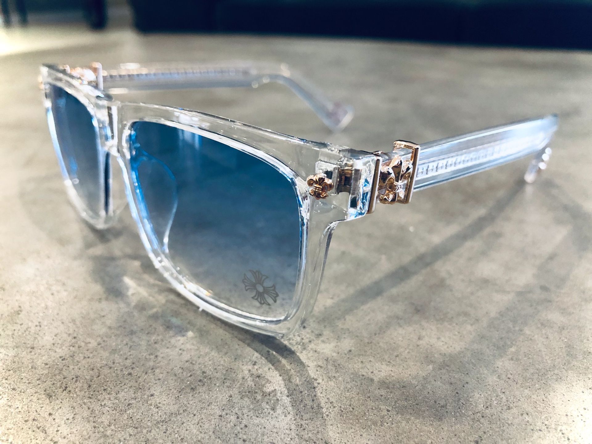 Chrome Sunglasses Hearts Acrylic Blue Lens Gold Fleur Logo Shades Glasses 