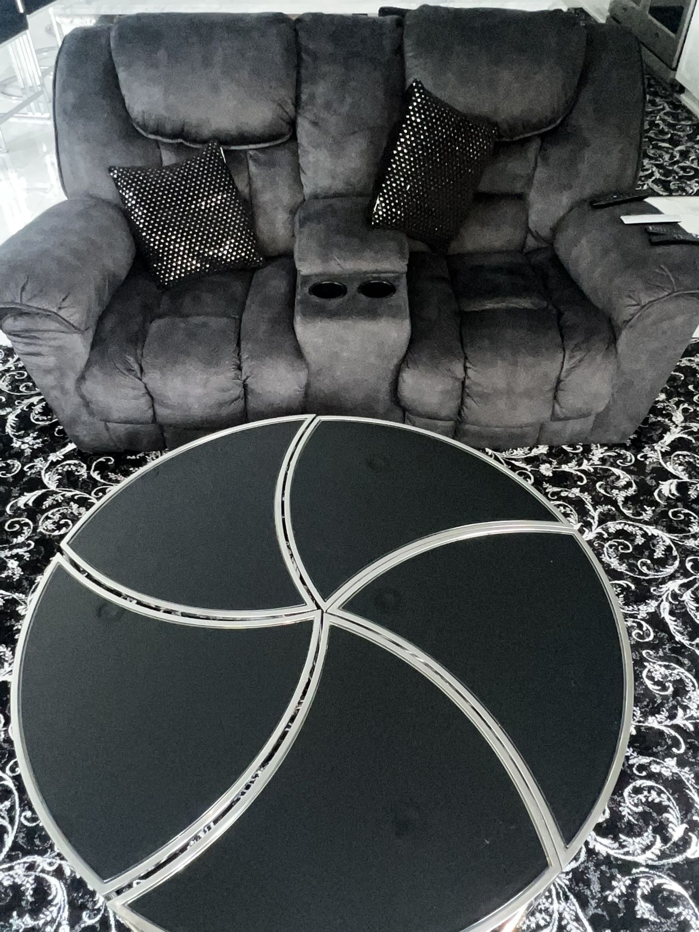 Old Brick Dark Gray Couch Set (2) And Abstract Coffee Table