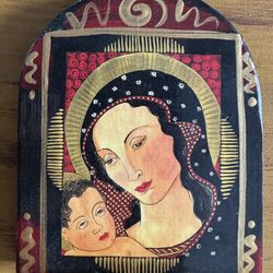Rare Christina Miller Hand Painted Decorative Wooden Plaque Of Madonna And Child 
