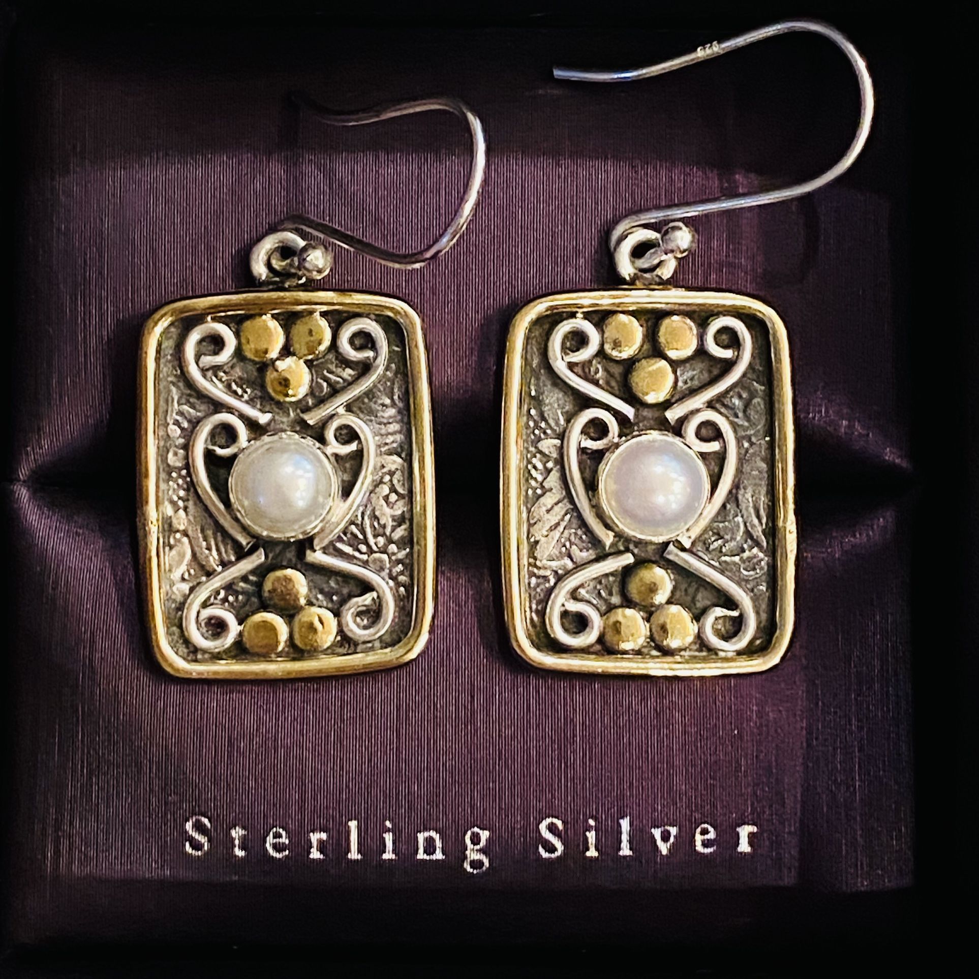 Solid 925 Sterling Silver 2.05cts Natural White Pearl Two Tone Earrings