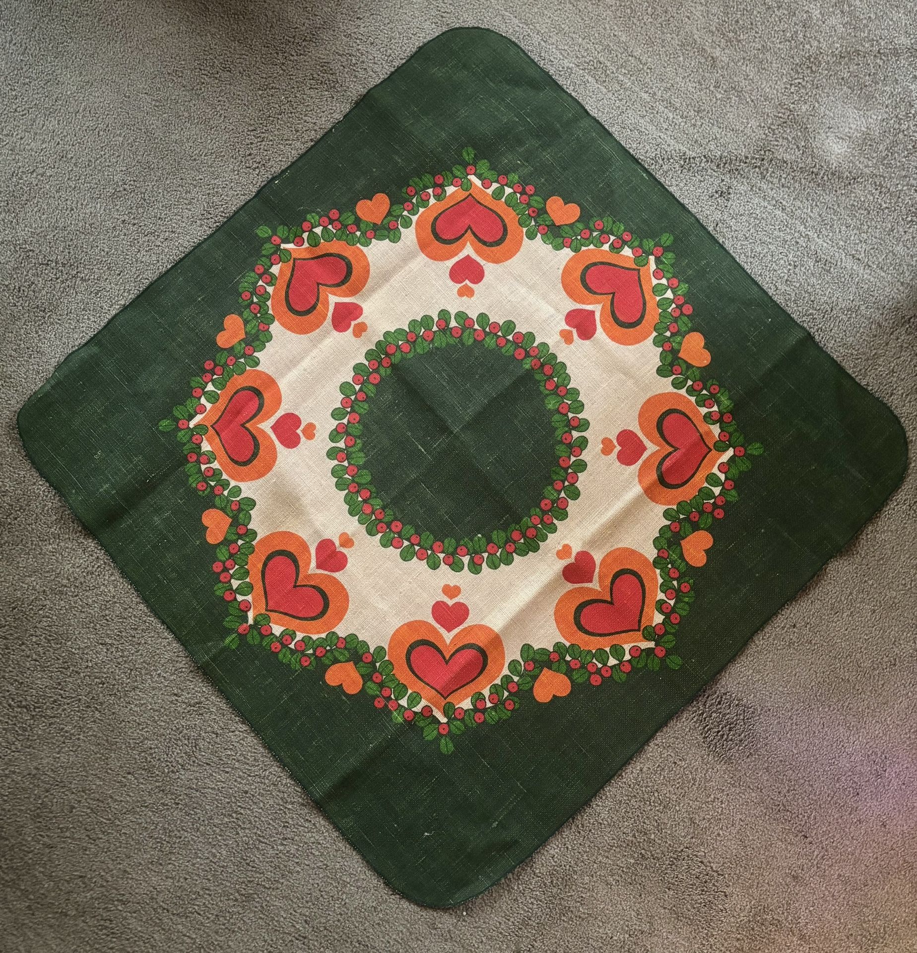 Vintage 1970s Swedish Printed Christmas Tablecloth With Hearts And Berries