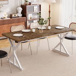 Farmhouse Dining Table for 6 People, 70.8 Inch Rectangular Wood Dining Table, Rustic Kitchen Table with Extra Heavy Duty Metal Legs for Dining Room-Oa